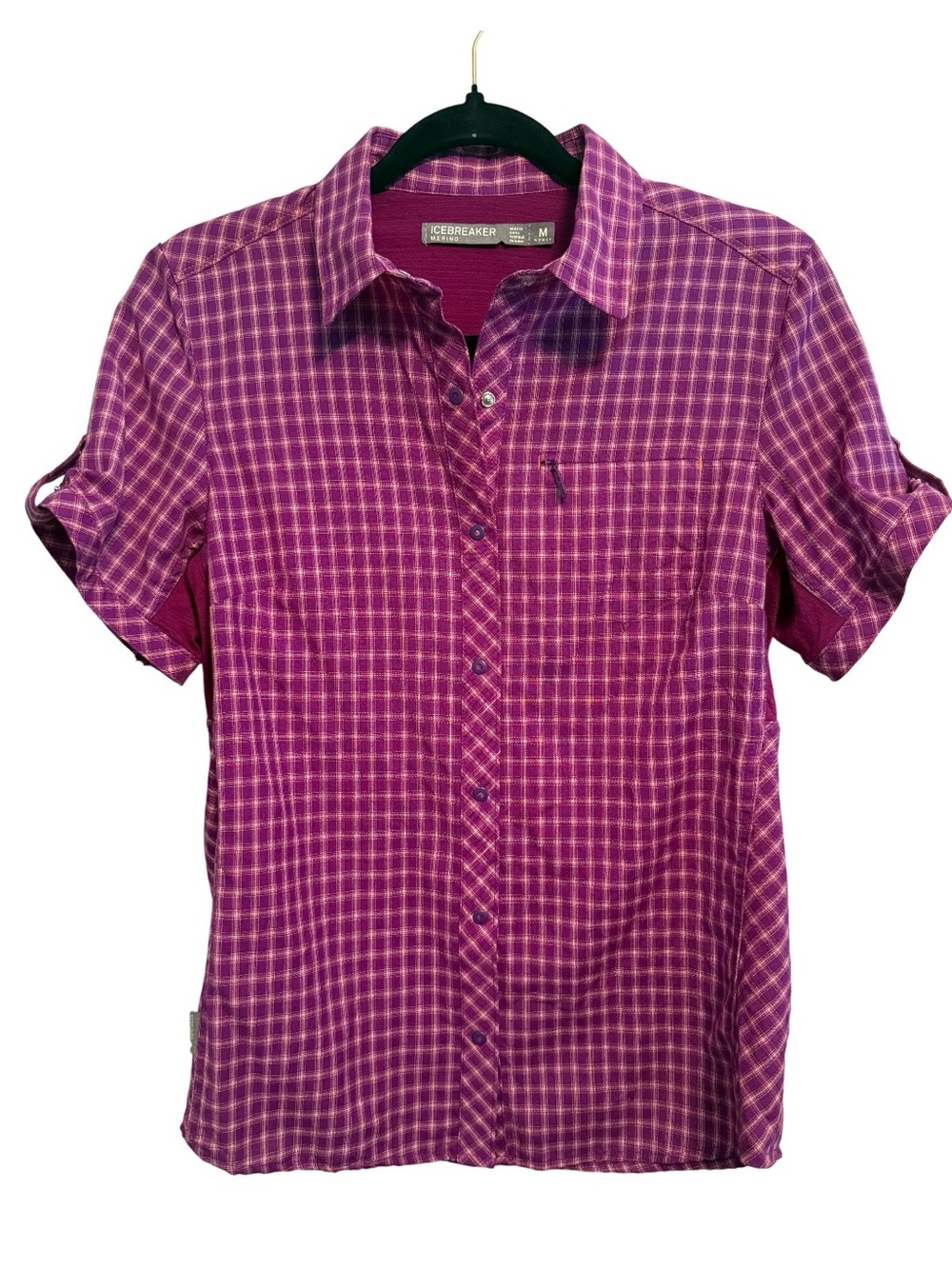 Icebreaker 100% Merino Wool Purple Plaid Eyelet Vent Short Sleeve Shirt Medium